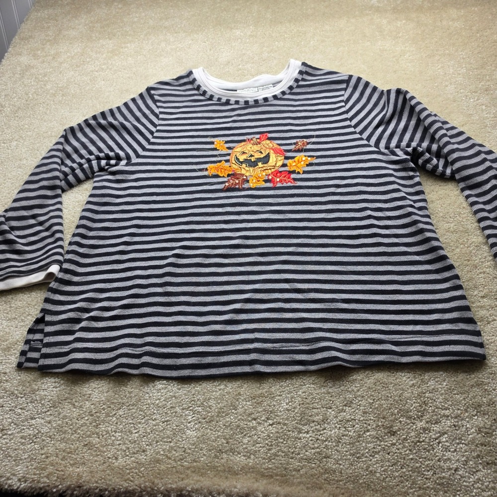 White Stag Woman Halloween Pumpkin Striped Thermal Top 2X Black Gray Waffle Knit